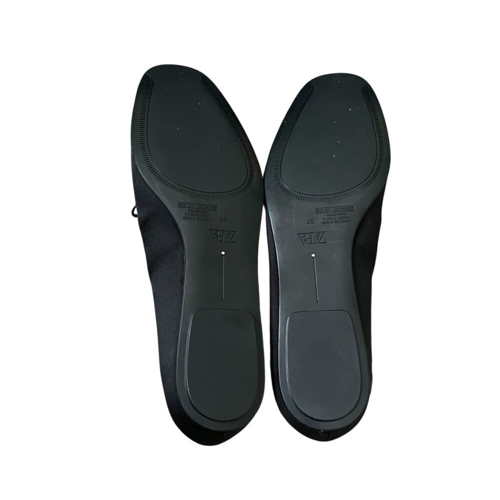 ZARA Satin Effect Ballet Flats Black Size 6.5 Crisscross Lace-Up Chic Trendy - Picture 6 of 8